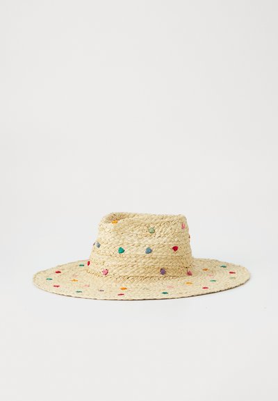 Breiter Strohhut in natürlicher beige Farbe, mit mehrfarbigen Punkteakzenten im gesamten Design.