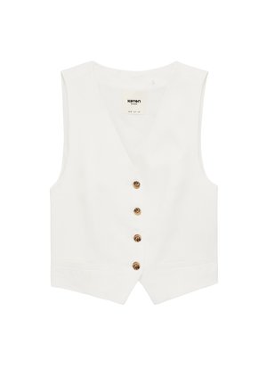 Veste blanche sans manches avec col en V et quatre boutons bruns sur le devant, comportant deux poches avant et un ourlet légèrement pointu.