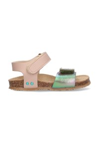 Roze leren sandaal met een kurk zool, voorzien van een glanzende groene band en een verstelbare achterband. Inclusief twee blauwe accenten aan de zijkant.