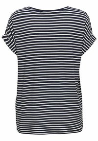T-shirt w paski w granatowo-białe poziome paski, krótki rękaw, luźny krój, miękki materiał, okrągły dekolt i boczne rozcięcia.
