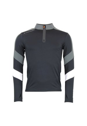 Haut de sport à manches longues noir avec un col haut, une demi-fermeture éclair, des rayures grises et blanches sur les épaules et des ouvertures pour les pouces aux poignets.