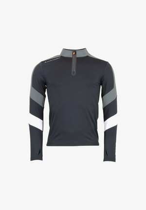 Haut de sport à manches longues noir avec un col haut, une demi-fermeture éclair, des rayures grises et blanches sur les épaules et des ouvertures pour les pouces aux poignets.