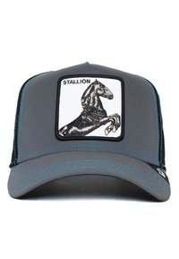Gray baseball cap featuring a black and white embroidered stallion patch. Blue stitching accents. Mesh back for breathability.