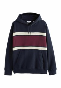 Mørkeblå hætte-sweatshirt med en frontlomme, udstyret med vandrette striber i burgunder og creme over brystet. Blødt bomuldsstof.