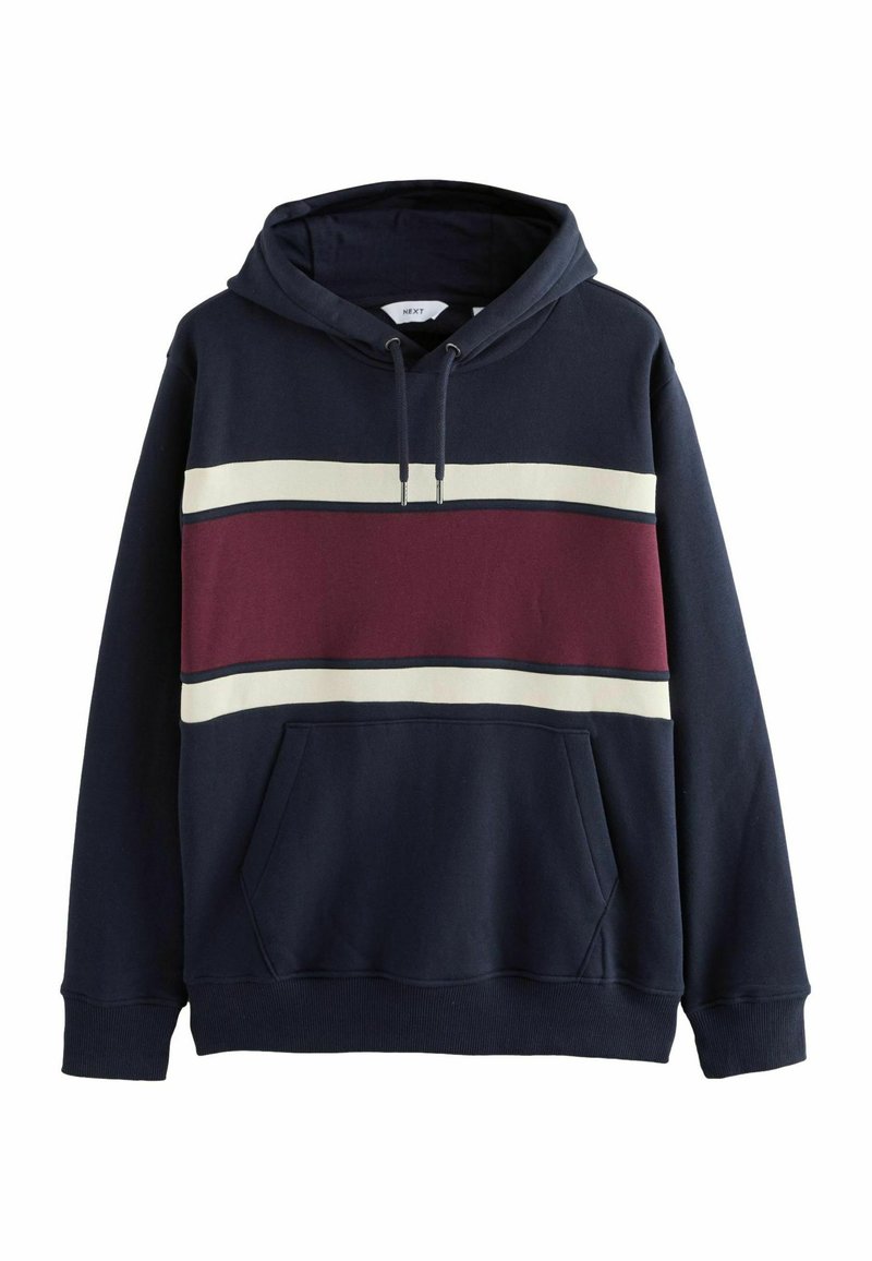 Mørkeblå hætte-sweatshirt med en frontlomme, udstyret med vandrette striber i burgunder og creme over brystet. Blødt bomuldsstof.
