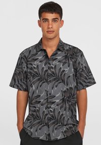 Short-sleeve shirt made of lightweight fabric, featuring a black and gray leaf pattern, button-up front, and a relaxed collar design.