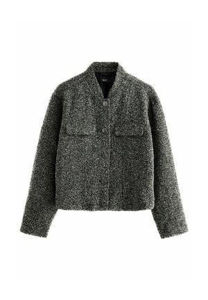Gestructureerde grijs en zwarte houndstooth jack, cropped ontwerp, met een staande kraag, twee borstzakken en een sluiting met knopen aan de voorkant.