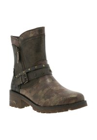 Bottines en cuir marron avec motif camouflage texturé, fermeture éclair latérale et accents métalliques décoratifs sur une semelle en caoutchouc résistante.
