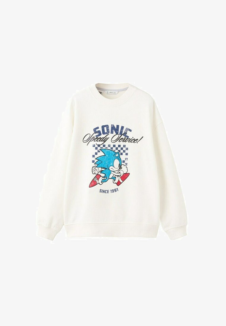 Sweat-shirt blanc avec un graphisme vintage de Sonic le Hérisson, texte "Service Rapide Sonic !" et un fond à carreaux, daté "Depuis 1991".