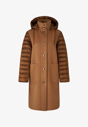 Long brown coat with quilted sleeves, button closure, large front pockets, and attached hood with drawstrings.