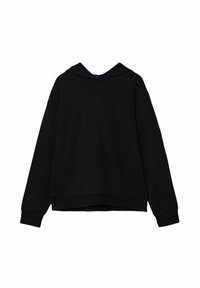 Sweat à capuche noir avec une coupe ample, manches longues, poche kangourou à l'avant, poignets et ourlet côtelés. Tissu doux avec une texture lisse.