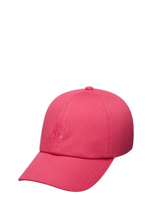 Jaskraworóżowa czapka z daszkiem z subtelnie wytłoczonym emblematem muszli na przednim panelu, z zakrzywionym daszkiem i teksturowaną tkaniną.
