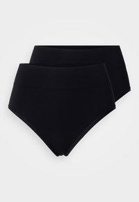 Black high-waisted underwear set made of smooth fabric, featuring a seamless design and elastic waistband for comfort.