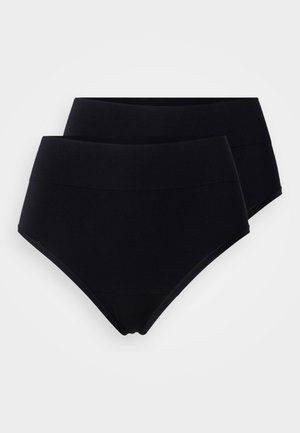 Black high-waisted underwear set made of smooth fabric, featuring a seamless design and elastic waistband for comfort.