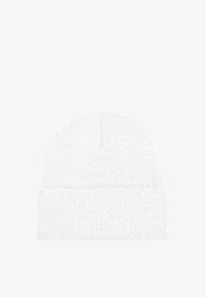 White knitted beanie hat with folded cuff, shown flat against a white background.
