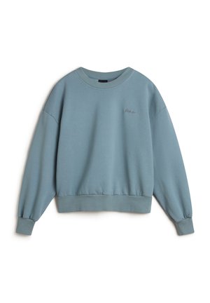 Blaues Baumwoll-Sweatshirt mit Rundhalskragen, gerippten Bündchen und Saum sowie einem kleinen gestickten Logo auf der Vorderseite. Lockere Passform.