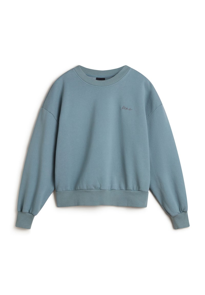 Blaues Baumwoll-Sweatshirt mit Rundhalskragen, gerippten Bündchen und Saum sowie einem kleinen gestickten Logo auf der Vorderseite. Lockere Passform.