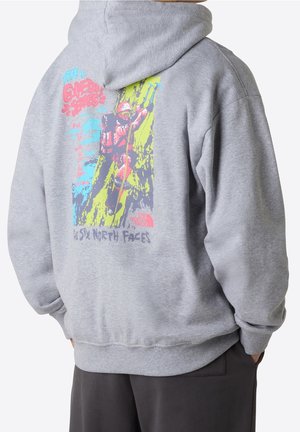 Sweat à capuche gris avec un graphisme coloré représentant un grimpeur escaladant une falaise, texte « The Six North Faces » et logo The North Face dans le dos.