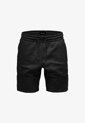 Schwarze Baumwollshorts mit einem elastischen Bund, Kordelzugverschluss und Seitentaschen. Glatte Textur mit einem schlichten Design.