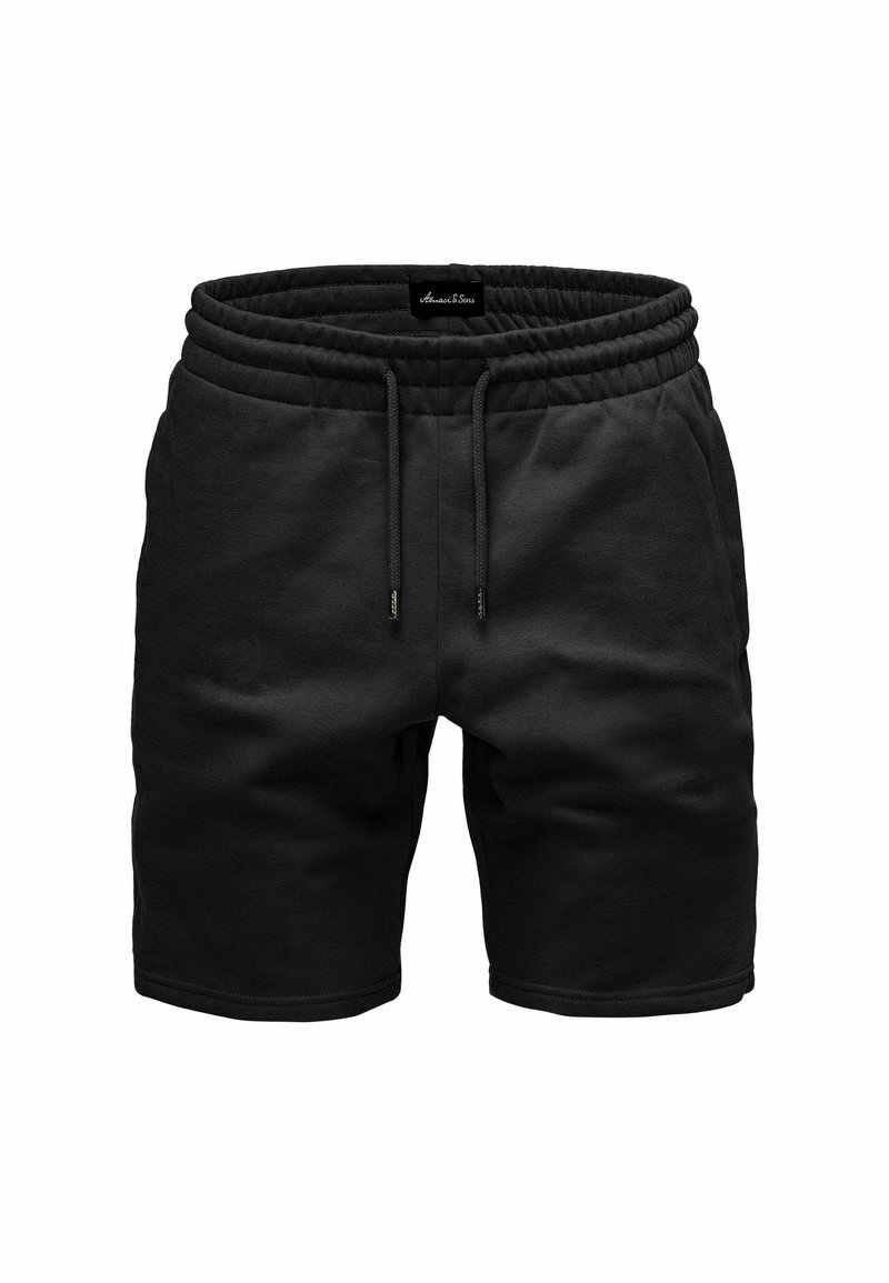 Schwarze Baumwollshorts mit einem elastischen Bund, Kordelzugverschluss und Seitentaschen. Glatte Textur mit einem schlichten Design.