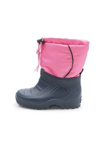Bota impermeable de color azul marino con una suela de goma texturizada y parte superior de nailon suave en color rosa claro. Cuenta con un cordón ajustable en la parte superior.