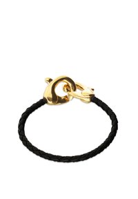 Bracelet en cuir tressé noir avec un fermoir homard doré, mettant en valeur des matériaux élégants et un design texturé.