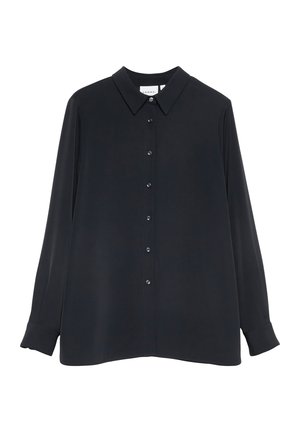 Black long-sleeve women's blouse with pointed collar and front button closure, made of smooth fabric.