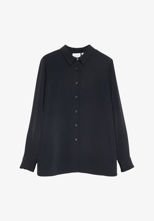 Black long-sleeve women's blouse with pointed collar and front button closure, made of smooth fabric.