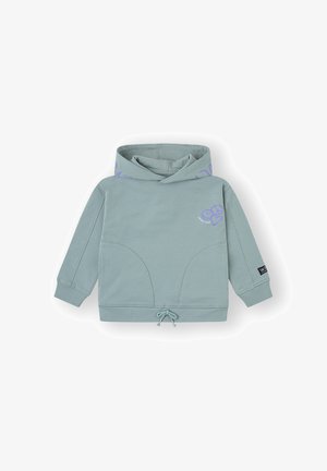 Sudadera con capucha en azul claro con bolsillos frontales, dobladillo con cordón ajustable, símbolos de paz y corazón en púrpura, y parche con el logo en la manga izquierda.