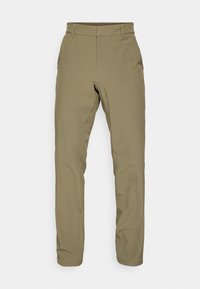 Maslinasto zelene hlače s ravnim nogavicama, izrađene od teksturirane tkanine. Imaju pojas sa petljama i čiste prednje šavne.