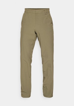 Oliwkowe spodnie o prostym kroju, wykonane z fakturowanej tkaniny. Posiadają pasek do pasa i czyste szwy z przodu.