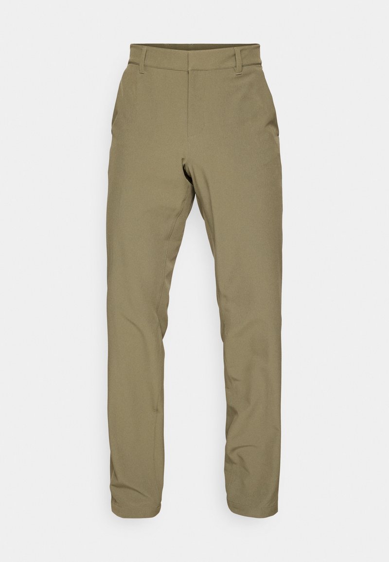 Olijfgroene broek met een rechte pijp, gemaakt van een geweven stof. Beschikt over een tailleband met riemlussen en schone voorkanten.