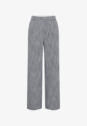 Szare, szerokie spodnie o teksturowanej tkaninie z delikatnym wzorem. Średni stan i brak widocznych zapięć lub kieszeni.