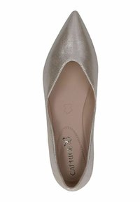 Scarpa flat a punta realizzata in finta pelle metallizzata argento. Texture liscia con un design a taglio basso e logo impresso nella soletta.