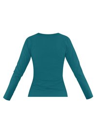 Türkisfarbener Langarmshirt mit rundem Ausschnitt und taillierter Silhouette. Glattes Material mit minimalen Nähten, das ein sauberes, einfaches Design bietet.