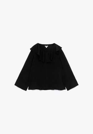 Blouse noire à manches longues avec de larges poignets et un col en V froncé, posée à plat sur un fond blanc.