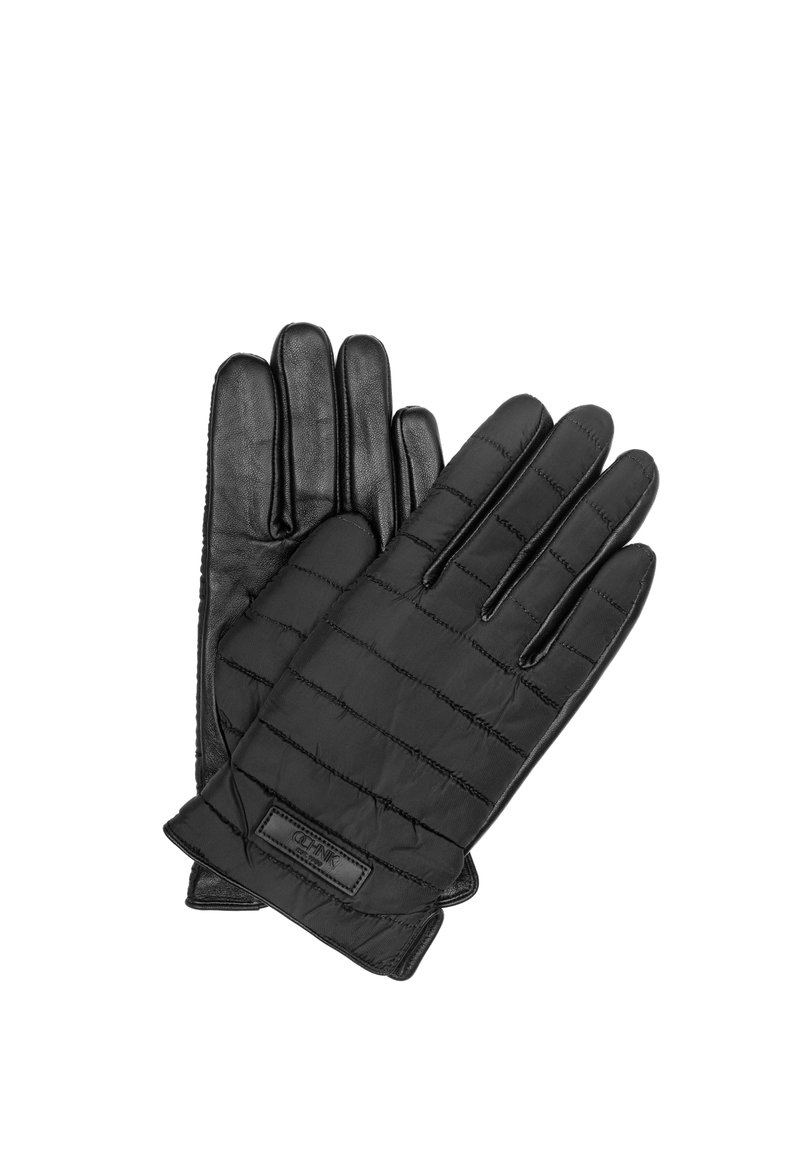 Czarne rękawiczki wykonane z połączenia skóry i pikowanego materiału, o gładkiej fakturze, wydłużonych palcach i małej metce z logo.