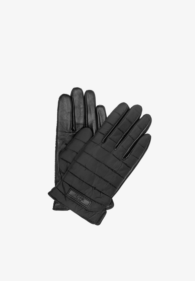 Czarne rękawiczki wykonane z połączenia skóry i pikowanego materiału, o gładkiej fakturze, wydłużonych palcach i małej metce z logo.