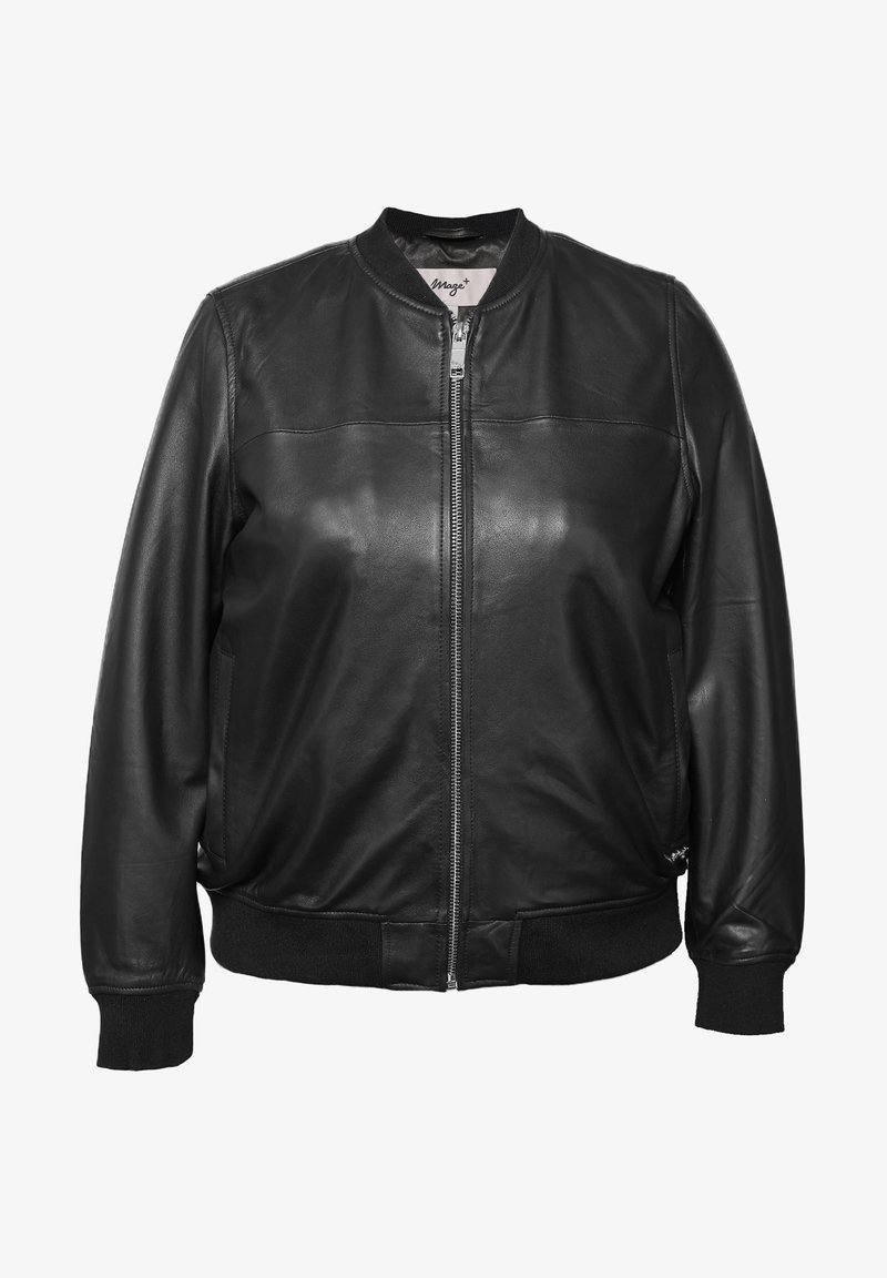 Schwarze Lederbomberjacke mit rundem Kragen, Reißverschluss, gerippten Bündchen und Seitentaschen. Glatte Textur mit modernem Design.