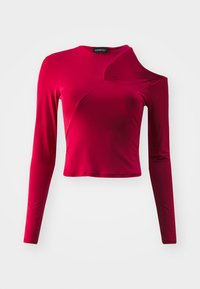 Red long-sleeve top with a fitted design, features an asymmetrical cut on one shoulder and smooth, stretchy fabric.