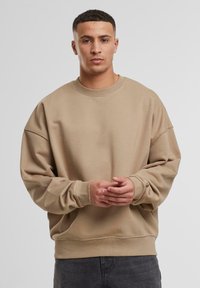 Beige oversized sweatshirt med rund halsudskæring, ribbede cuffe og kant. Blødt materiale med en glat tekstur, præsenteret på en neutral baggrund.