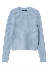 Maglione lavorato a maglia di colore azzurro chiaro con un motivo testurizzato, scollatura tonda e polsini e orlo a coste. Realizzato in tessuto morbido, ideale per i sovrapposizioni.