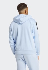 Ljusblå hoodie gjord av mjukt tyg, med dragsko för huvan, ribbad mudd och en avslappnad passform. Sidodetaljer inkluderar svarta accenter.