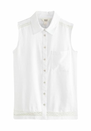 White sleeveless blouse with a rounded collar, front button closure, and a left chest pocket. Features delicate lace detailing along the shoulders.