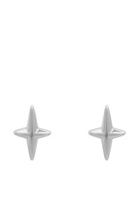Orecchini a forma di stella argentata con una finitura lucida, caratterizzati da un design appuntito e una struttura simmetrica, adatti per l'uso quotidiano.