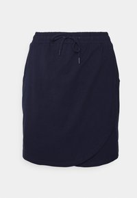 Saia de jersey azul-marinho com cintura elástica e cordão ajustável. Apresenta um design em estilo envolvente e uma textura suave.