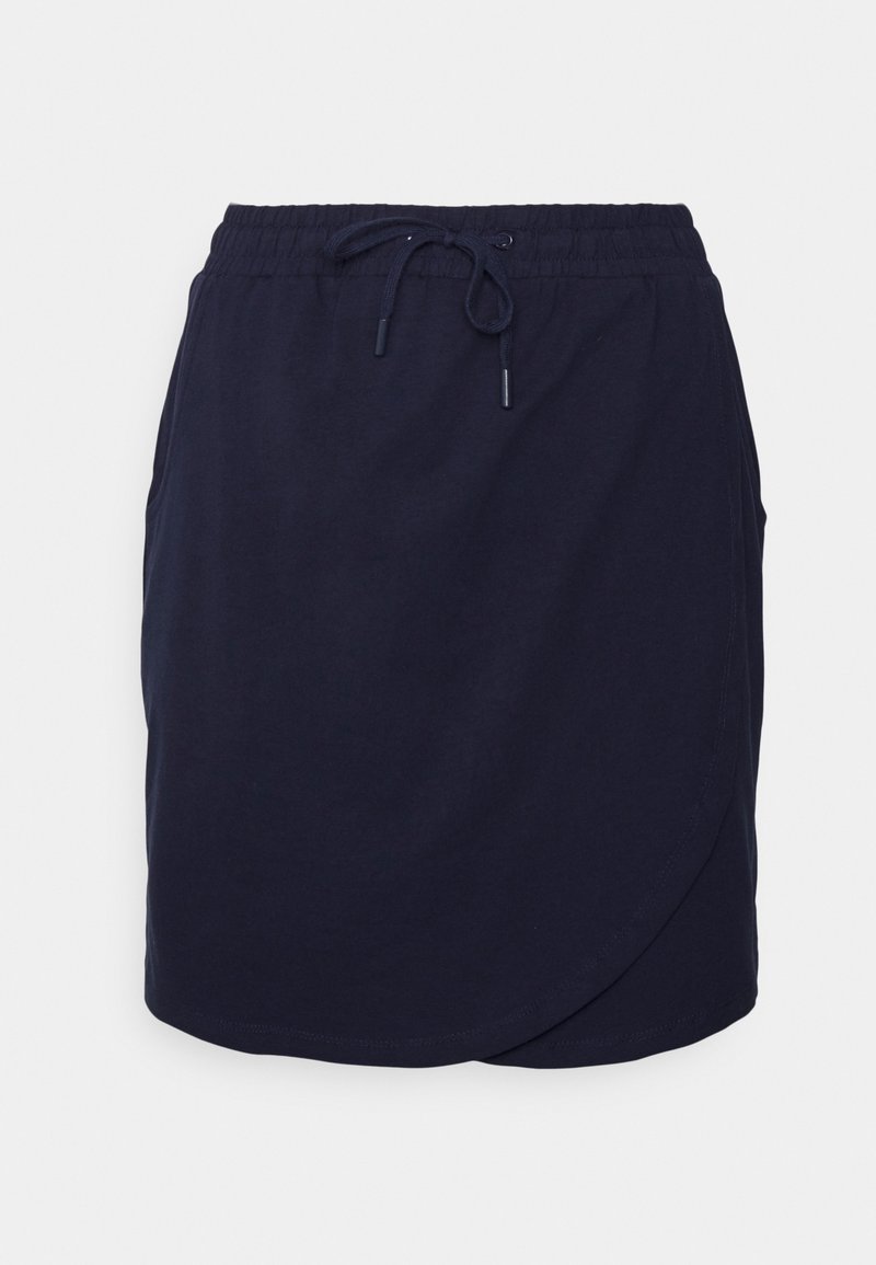 Saia de jersey azul-marinho com cintura elástica e cordão ajustável. Apresenta um design em estilo envolvente e uma textura suave.