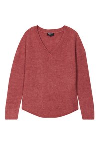 Czerwony sweter o fakturze z dekoltem w serek, długimi rękawami i lekko zaokrąglonym dół. Materiał wydaje się miękki i prążkowany na całej powierzchni.