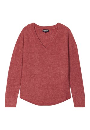 Jersey rojo texturizado con escote en V, mangas largas y un dobladillo ligeramente curvado. El material parece suave y se encuentra acanalado en toda su extensión.