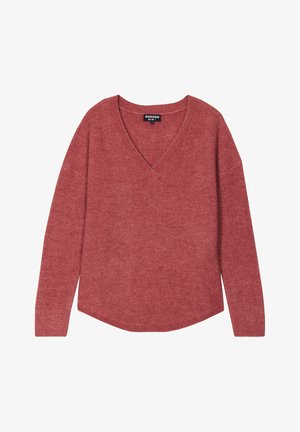 Jersey rojo texturizado con escote en V, mangas largas y un dobladillo ligeramente curvado. El material parece suave y se encuentra acanalado en toda su extensión.